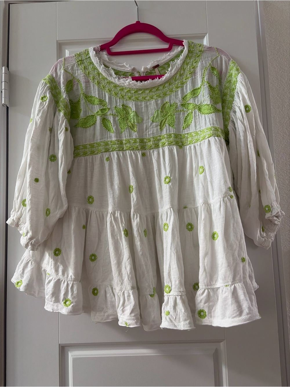 Free People White Peasant Blouse with Lime Green Embroidery